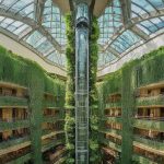 Vacuum Elevator in Green Atrium Glass tube elevator in an atrium filled with lush green plant walls, PVE customer testimonial