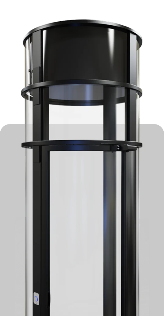 PVE Pneumatic Vacuum Elevator Cab Close Up Close up of a PVE pneumatic vacuum elevator cab with clear cylindrical tube and black top dome